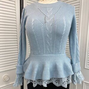 Endless Rose Pale Blue Sweater Sz M with peplum and lace
